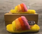 *NEW* ALL GENDER Size 6 YELLOW RAINBOW UGG FLUFF YEAH SLIDE SLIPPERS 1116157K