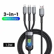 3-in-1 100W Fast Charging Cable Smart Super Fast Charging Support Multi-Interface Charging USB Visual Power Charging Cable Compatible With Apple Samsung OPPO C