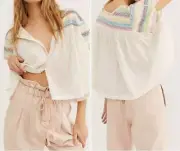 Free People Mirabella Embroidered Crop Top SS Sz XS Cream Button Front NWT $128