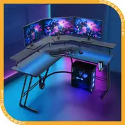 Furb L Shaped Gaming Desk with LED Lights Corner Computer Desk Carbon Fiber Table with Monitor Shelf