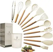 12 PCs, Kitchen Utensils Set, Non Stick Silicone Cooking Utensil Set, Wooden Handle, Heat Resistance, Gadgets Sets, Kitchen Spoons, Spatula Sets, Brush, Whisk, Tongs, Bucket (Khaki)