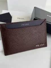 Prada Men's Credit Card Holder Brown Saffiano Leather Wallet Metal Logo 3 Slots