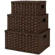 Wicker Baskets with Lids, Set of 3 Decorative Storage Boxes, Woven Basket for...