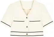 [Generic] Women's Striped Trim Contrast Binding Button Front V Neck Knit Crop Top