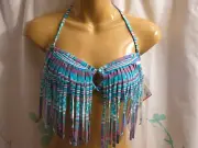 ROXY M Women's Fringed Bandeau Surf Bikini Swimsuit Top Medium Pink Purple Teal