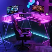 Advwin L Shaped Gaming Desk with LED Lights & Power Outlets Computer Corner Desk with Monitor Stand White