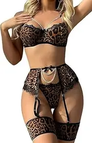 [Generic] Women’s Sexy Lingerie Set Chain Underwire Bra and Panty Sets with Garter Belt 4 Pieces