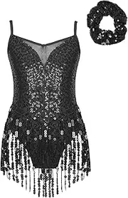 [Fldy] Girls Sleeveless Latin Dance Dress Leotard Kids Sequins Sparkly Rumba Cha Cha Dancewear Outfit