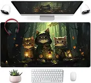 Forest Cats Desk Mat Anime Cat Desk Pad Cute, Kawaii Green Mouse Pad XXL, Large Extended Gaming Mousepad Keyboard Mouse Mat with Stitched Edges, Home Office Decor Pad for Women Girl 31.5x15.75 in