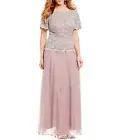 NWT Cachet Plus Size 16W Metallic Lace Mock 2Piece Gown in Mauve Short Sleeve