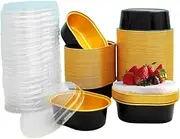 Ljxyloog 100Pcs Aluminum Foil Cupcake Cups,68ml Heat-Resistant Foil Baking Cups,Mini Oval Cake Pan with Clear Lids for Cake Cheesecake Muffin Dessert(Black Gold)