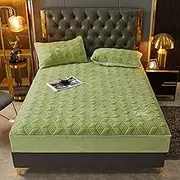 Soft Fitted Sheet,Thickened Warm Quilted Milk Velvet Fitted Sheets, Solid Color Skin-Friendly Anti-Slip Box Spring Bed Cover,Green,120x200cm+30cm
