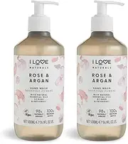 [I LOVE] Naturals Rose & Argan Hand Wash, Natural Oils Of Rose & Patchouli, Gently Removes Impurities, Refreshing & Cleansing Formula, 100% Recycled Bottle & Vegan-Friendly - 2 x 19.91 fl oz