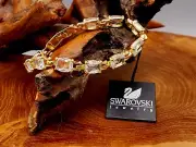Swarovski Gold Tone Chain - Tennis Bracelet Emerald Cut Crystals, Genuine EOM