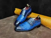 Handmade Alligator Textured Cowhide Leather Double Monk Strap Shoes for Men
