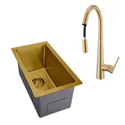 ACA 450x250mm Gold Handmade Kitchen Sink Stainless Steel Laundry Single Bowl With Kitchen Tap Set