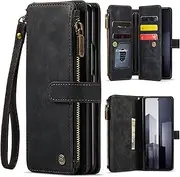 [XIMAND] for Samsung Galaxy Z Fold 6 Wallet Case with 5 Card Holder Slots Magnetic Zipper Pocket Pouch Flip KicStand Durable Premium Leather PU with Lanyard Strap Wristlet,S Pen Holder - Black