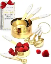 White & Gold Measuring Cups and Spoons Set - 8PC Stackable Stainless Steel Me...