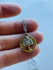 Good Karma Silver Mini Buddha Gold Bodhi Tree of Life 3D Charm Yoga Necklace 18"