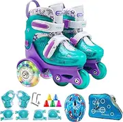 Roller Skates for Children, Roller Skates for Children, Adjustable Balance Roller Skates for Children, Roller Skates with Luminous Wheels, Knee Pads, Elbow Pads and Headgear for Gym and