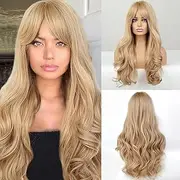 Neat Fringe Long Curly Hair Wig,71cm 28in Blonde High Temperature Synthetic Wigs Soft Puffly Adjustable Headgear for Women Girls Party Halloween