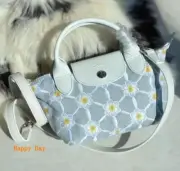 Longchamp XS size Tote Bag Handbag Shoulder bag Light blue Leather Cotton