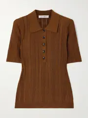 [FRAME] FRAME - Ribbed-knit Polo Shirt - Light brown - medium medium Brown