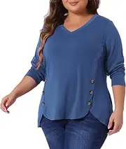 [Agnes Orinda] Plus Size Long Sleeve Tunic Tops for Women V Neck Loose T Shirt Button Side Swing Blouses Shirts