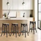 Oikiture Set of 4 Bar Stools Kitchen Vintage Dining Chair Rattan Seat Black