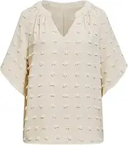 [Zylphorix] Women V-Neck Puff Sleeve T-Shirt Casual Solid Color Pom Pom Blouses Summer Short Sleeve Chiffon Tops