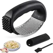Stainless Steel Garlic Mincer Crusher Garlic Press Rocker,1P Garlic Press Rocker Stainless Steel with Silicone Garlic Peeler Roller Tube,Garlic Mincer Crusher Garlic Press Rocker Stainless Steel,Black