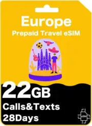 Europe Prepaid Travel Esim - 100GB 5G Data in Spain, 22GB 5G/4G Roaming Data in
