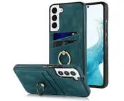 Full Protection Cover for Samsung Galaxy S22 Plus, 2 Cards PU Leather Case with Ring Holder - Blue