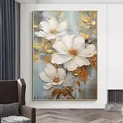 Handmade Oil Painting Canvas Wall Art Decoration Abstract Golden Leaves Big White Flowers for Home Decor Stretched Frame Hanging Painting/Rolled Frameless Unst