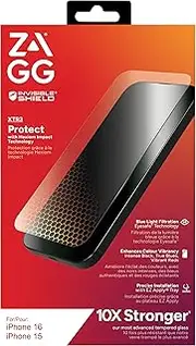 ZAGG InvisibleShield Glass XTR3 iPhone 16/15 Screen Protector - Blue-Light Filtration, 10X Stronger, Scratch & Smudge-Resistant Surface, Edge-to-Edge Protection, Install Tray Included