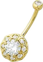 [Jewelry Avalanche] 14K Gold Belly Button Ring with 0.87 cttw VVSI Moissanite Gemstones, 14G Banana Barbell, 9/16" 14mm Barbell Navel Piercing Jewelry
