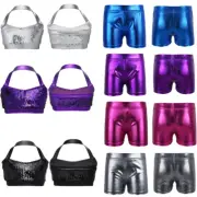 Kids Girls Dance Vest Tops Shorts Outfits Sequin Sport Gymnastic Costume Sets