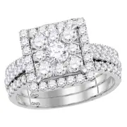 14k White Gold Round Diamond Square Bridal Wedding Ring Set 2 Cttw
