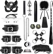 SM Sexy Role Play Props Couple Flirting 22PCS Bondage Set Adjustable Collar Handcuffs Footcuffs Metal Anal Plug Fluffy Feather Leather Whip Slap Paddle Set