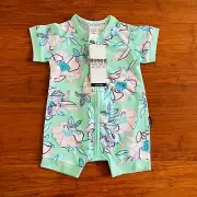 Bonds Baby Green Purple Blue Floral Short Zip Romper Wondersuit Size 00 BNWT