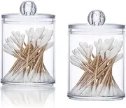 Clear Plastic Apothecary Jar Set - 2 Pack Holder Dispenser for Cotton Ball, Swab, Round Pads, Floss - Bathroom Canister Storage Organization Solution