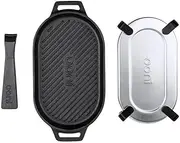 Ooni Cast Iron Grizzler Pan - Grill Frying Pan, 31 cm x 16 cm Griddle Plate with Removable Handle and Stainless Steel Trivet, Pre-Seasoned Non-Stick Oven Safe Cookware, Pizza Oven and BBQ Accessories