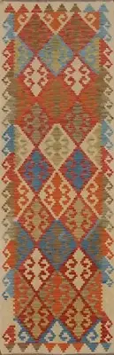 Geometric Reversible Kilim 9 ft. Runner Rug Wool Hand-Woven 3x9