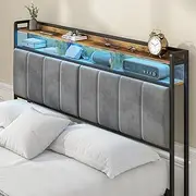Advwin Double Size Storage Headboard with LED Light & Charging Station, 2-Tier Storage Shelves, Height Adjustable, Ergonomic Grey Upholstered Headboards with Metal Frame, Rustic Brown