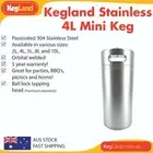 Stainless Steel Mini Keg KegLand Portable Home Brew Beer SS 4L Growler Takeaway