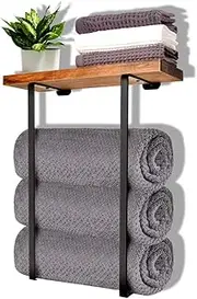 Towel Racks for Bathroom Wall Mounted, Metal Towel Holder with Wooden Shelf for Rolled Towels Can Holds 4 Large Towels for Small Bathroom Organizer Decor or RV Camping