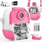 Children's Camera Instant Camera Digital Camera 1080P with 180° Rotating Lens, 4 Rolls of Printing Paper & 32G Card, Camera Instant Pictures Photo Camera with 6 Coloured Pens, Camera Children