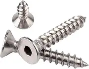 Flat Head Socket Cap Wood Screws - 304 Stainless Steel Hex Socket Countersunk Self Tapping Screws Full Thread Allen Mechanical Screw Fasteners M3 M4 M5