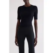 Courrèges Solar Light Short Sleeve Cotton & Merino Wool Rib Sweater in Navy at Nordstrom, Size Large
