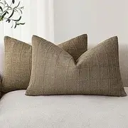 Foindtower Set of 2 Decorative Linen Check Throw Pillow Covers Neutral Farmhouse Lumbar Cushion Covers Modern Boho Home Decor for Sofa Chair Couch Bedroom Living Room Outdoor,12×20 Inch,Light Brown